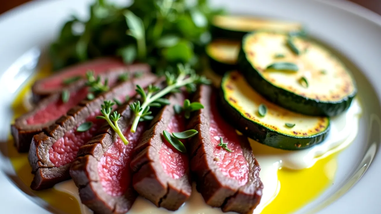 Tagliata di manzo salsa di caprino zucchine croccanti"